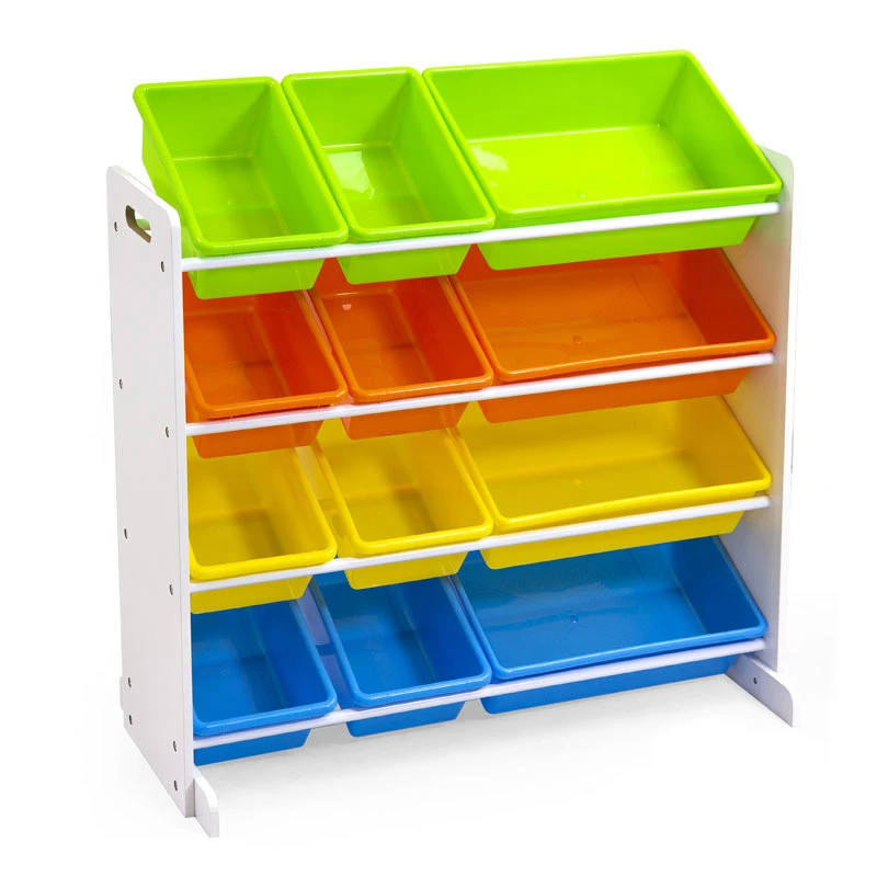 Scaffale In Legno 4 Piani Con 12 Cestoni Porta Giocattoli 1 Scaffale In Legno 4 Piani Con 12 Cestoni Porta Giocattoli