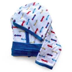 Bebitaly Accappatoio Bambino In Spugna Con Maniche Lunghe, Fantasia Macchinine Bianco Blu